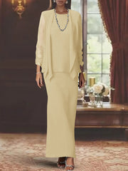 3 Piece Dress Set Sheath/Column Scoop Neck Long Sleeves Floor-Length Mother of the Bride Dresses with Jacket