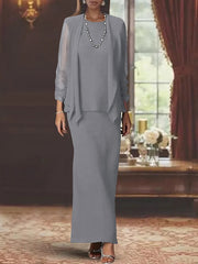 3 Piece Dress Set Sheath Column Scoop Neck Long Sleeves Floor Length Mother Of The Bride Dresses With Jacket