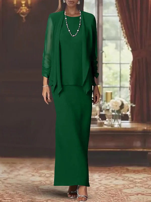 3 Piece Dress Set Sheath Column Scoop Neck Long Sleeves Floor Length Mother Of The Bride Dresses With Jacket