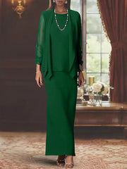 3 Piece Dress Set Sheath Column Scoop Neck Long Sleeves Floor Length Mother Of The Bride Dresses With Jacket