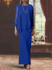3 Piece Dress Set Sheath Column Scoop Neck Long Sleeves Floor Length Mother Of The Bride Dresses With Jacket