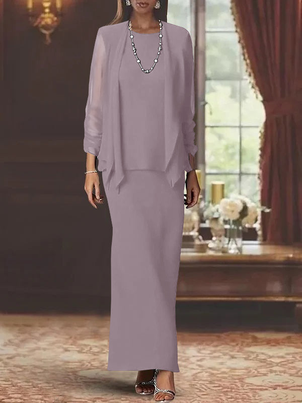 3 Piece Dress Set Sheath Column Scoop Neck Long Sleeves Floor Length Mother Of The Bride Dresses With Jacket
