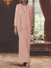 3 Piece Dress Set Sheath/Column Scoop Neck Long Sleeves Floor-Length Mother of the Bride Dresses with Jacket
