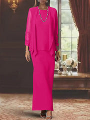 3 Piece Dress Set Sheath/Column Scoop Neck Long Sleeves Floor-Length Mother of the Bride Dresses with Jacket