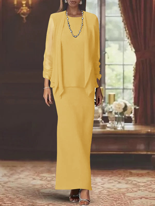 3 Piece Dress Set Sheath Column Scoop Neck Long Sleeves Floor Length Mother Of The Bride Dresses With Jacket