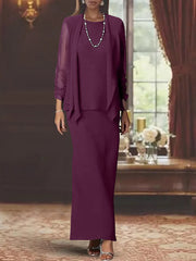 3 Piece Dress Set Sheath Column Scoop Neck Long Sleeves Floor Length Mother Of The Bride Dresses With Jacket