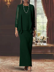 3 Piece Dress Set Sheath/Column Scoop Neck Long Sleeves Floor-Length Mother of the Bride Dresses with Jacket