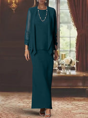 3 Piece Dress Set Sheath/Column Scoop Neck Long Sleeves Floor-Length Mother of the Bride Dresses with Jacket