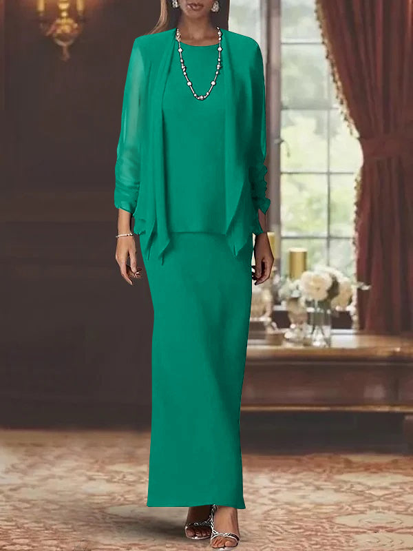 3 Piece Dress Set Sheath Column Scoop Neck Long Sleeves Floor Length Mother Of The Bride Dresses With Jacket