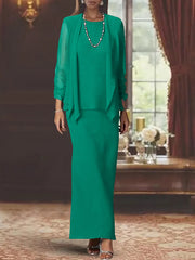 3 Piece Dress Set Sheath Column Scoop Neck Long Sleeves Floor Length Mother Of The Bride Dresses With Jacket