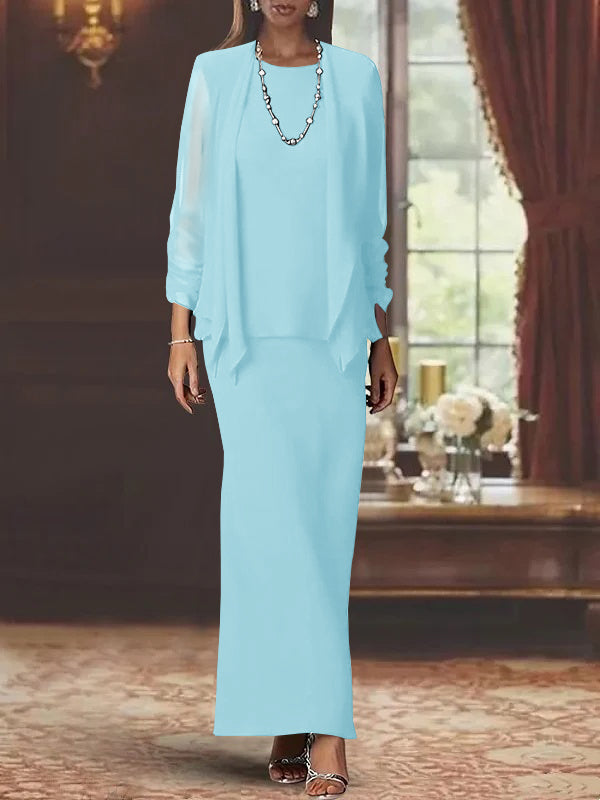 3 Piece Dress Set Sheath Column Scoop Neck Long Sleeves Floor Length Mother Of The Bride Dresses With Jacket