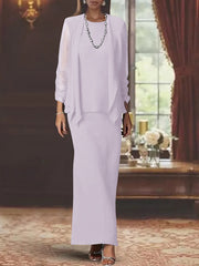 3 Piece Dress Set Sheath/Column Scoop Neck Long Sleeves Floor-Length Mother of the Bride Dresses with Jacket