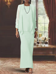 3 Piece Dress Set Sheath/Column Scoop Neck Long Sleeves Floor-Length Mother of the Bride Dresses with Jacket