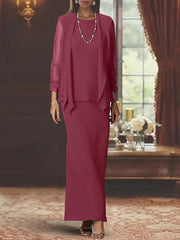 3 Piece Dress Set Sheath/Column Scoop Neck Long Sleeves Floor-Length Mother of the Bride Dresses with Jacket