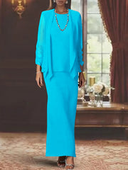 3 Piece Dress Set Sheath Column Scoop Neck Long Sleeves Floor Length Mother Of The Bride Dresses With Jacket