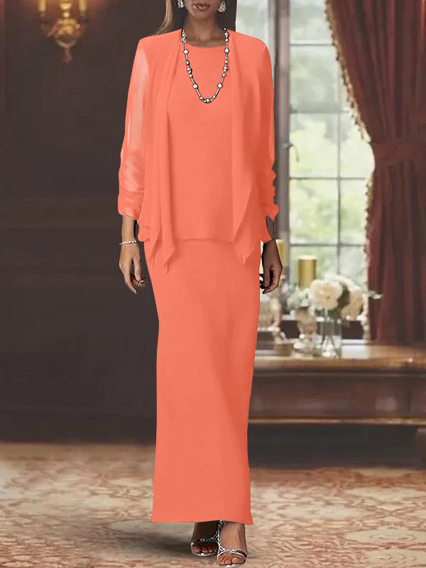3 Piece Dress Set Sheath Column Scoop Neck Long Sleeves Floor Length Mother Of The Bride Dresses With Jacket