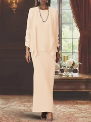 3 Piece Dress Set Sheath Column Scoop Neck Long Sleeves Floor Length Mother Of The Bride Dresses With Jacket