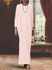 3 Piece Dress Set Sheath/Column Scoop Neck Long Sleeves Floor-Length Mother of the Bride Dresses with Jacket