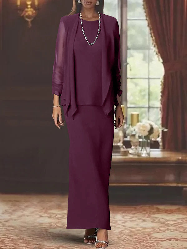 3 Piece Dress Set Sheath Column Scoop Neck Long Sleeves Floor Length Mother Of The Bride Dresses With Jacket