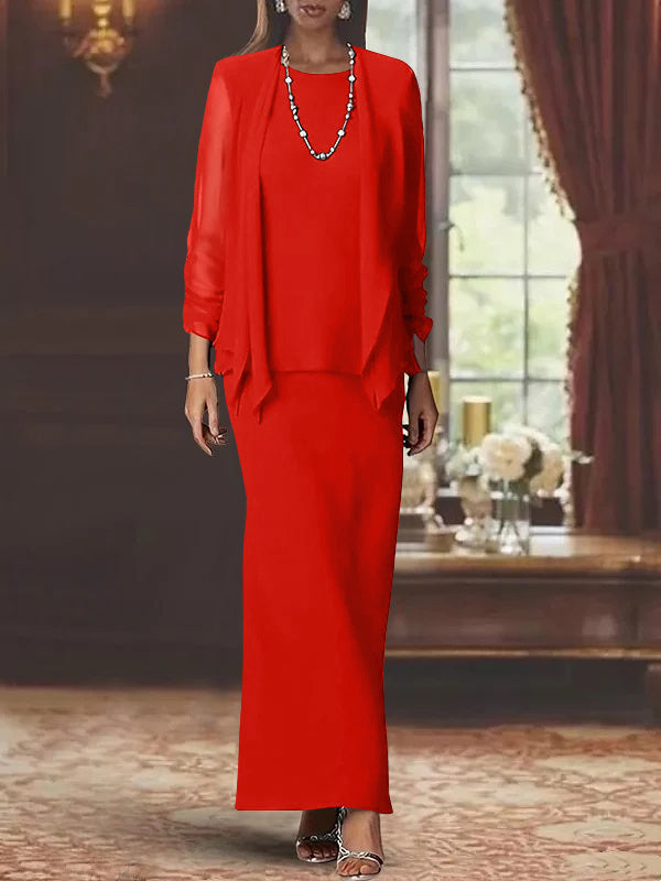 3 Piece Dress Set Sheath Column Scoop Neck Long Sleeves Floor Length Mother Of The Bride Dresses With Jacket