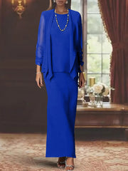 3 Piece Dress Set Sheath Column Scoop Neck Long Sleeves Floor Length Mother Of The Bride Dresses With Jacket
