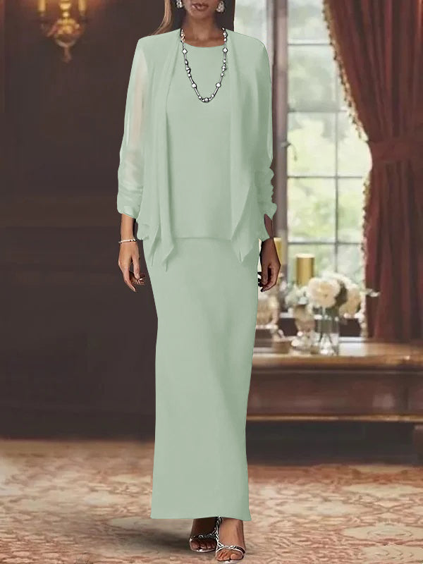 3 Piece Dress Set Sheath Column Scoop Neck Long Sleeves Floor Length Mother Of The Bride Dresses With Jacket
