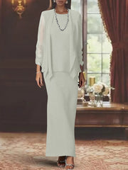 3 Piece Dress Set Sheath Column Scoop Neck Long Sleeves Floor Length Mother Of The Bride Dresses With Jacket