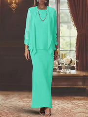 3 Piece Dress Set Sheath/Column Scoop Neck Long Sleeves Floor-Length Mother of the Bride Dresses with Jacket