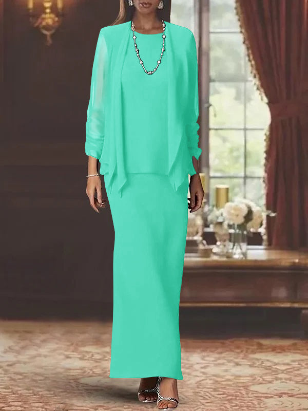 3 Piece Dress Set Sheath Column Scoop Neck Long Sleeves Floor Length Mother Of The Bride Dresses With Jacket
