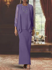 3 Piece Dress Set Sheath Column Scoop Neck Long Sleeves Floor Length Mother Of The Bride Dresses With Jacket