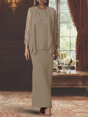 3 Piece Dress Set Sheath/Column Scoop Neck Long Sleeves Floor-Length Mother of the Bride Dresses with Jacket