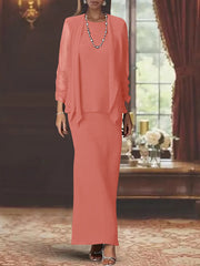 3 Piece Dress Set Sheath/Column Scoop Neck Long Sleeves Floor-Length Mother of the Bride Dresses with Jacket