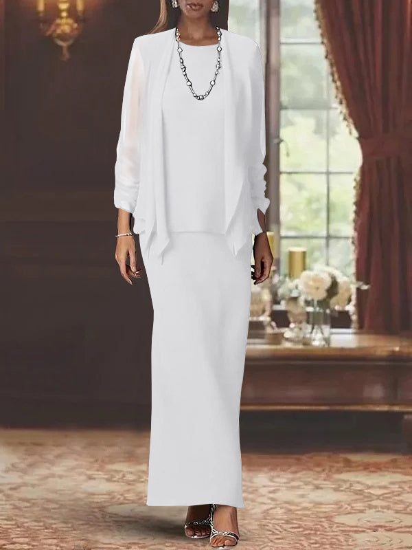 3 Piece Dress Set Sheath Column Scoop Neck Long Sleeves Floor Length Mother Of The Bride Dresses With Jacket