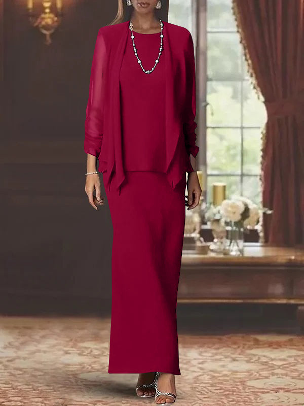 3 Piece Dress Set Sheath Column Scoop Neck Long Sleeves Floor Length Mother Of The Bride Dresses With Jacket