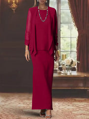 3 Piece Dress Set Sheath/Column Scoop Neck Long Sleeves Floor-Length Mother of the Bride Dresses with Jacket