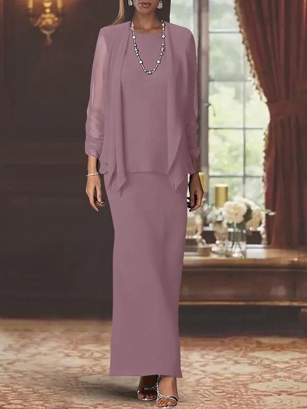 3 Piece Dress Set Sheath Column Scoop Neck Long Sleeves Floor Length Mother Of The Bride Dresses With Jacket