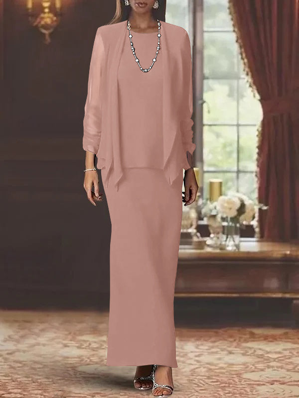 3 Piece Dress Set Sheath Column Scoop Neck Long Sleeves Floor Length Mother Of The Bride Dresses With Jacket