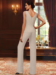 Chiffon V Neck Floor Length 3 Pieces Mother Of The Bride Pantsuits With Jacket Sequins Beading