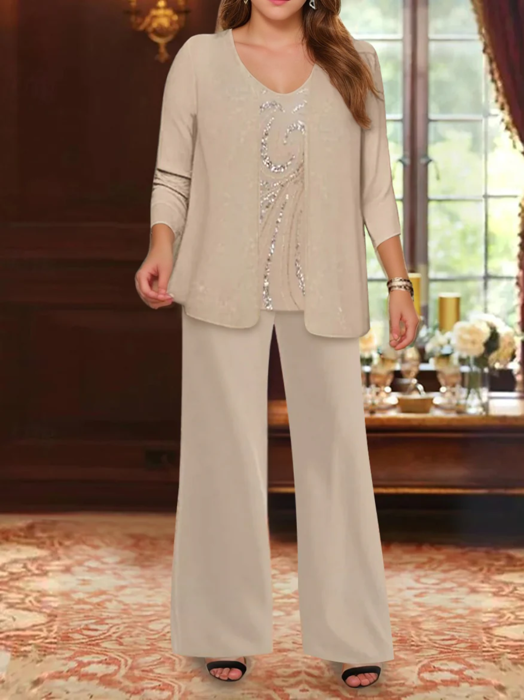 Chiffon V Neck Floor Length 3 Pieces Plus Size Mother Of The Bride Pantsuits With Jacket Sequins Beading