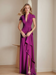 Sheath Column V Neck Short Sleeves Floor Length Mother Of The Bride Dresses With Split Side