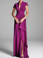 Sheath Column V Neck Short Sleeves Floor Length Mother Of The Bride Dresses With Split Side