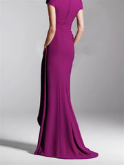 Sheath Column V Neck Short Sleeves Floor Length Mother Of The Bride Dresses With Split Side
