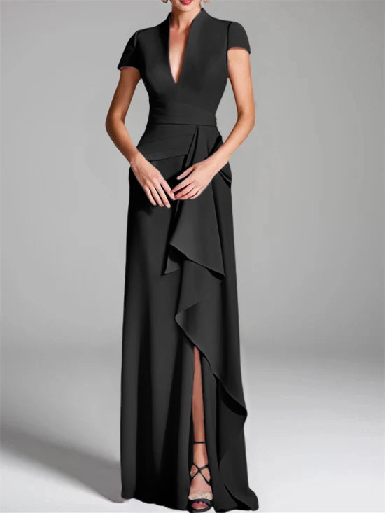 Sheath Column V Neck Short Sleeves Floor Length Mother Of The Bride Dresses With Split Side