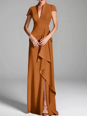 Sheath Column V Neck Short Sleeves Floor Length Mother Of The Bride Dresses With Split Side