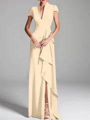 Sheath Column V Neck Short Sleeves Floor Length Mother Of The Bride Dresses With Split Side