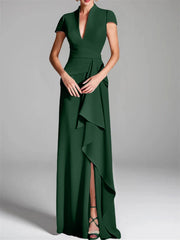 Sheath Column V Neck Short Sleeves Floor Length Mother Of The Bride Dresses With Split Side
