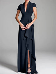 Sheath Column V Neck Short Sleeves Floor Length Mother Of The Bride Dresses With Split Side