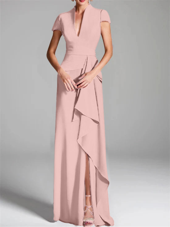Sheath Column V Neck Short Sleeves Floor Length Mother Of The Bride Dresses With Split Side