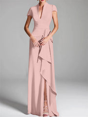 Sheath Column V Neck Short Sleeves Floor Length Mother Of The Bride Dresses With Split Side