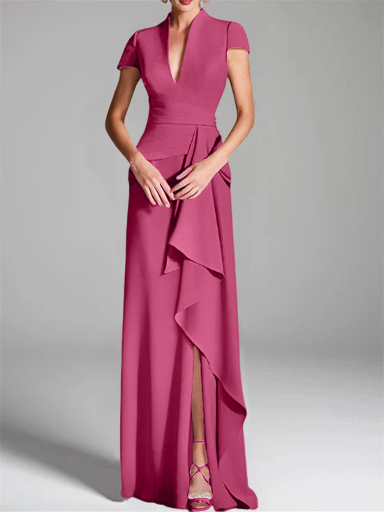 Sheath Column V Neck Short Sleeves Floor Length Mother Of The Bride Dresses With Split Side